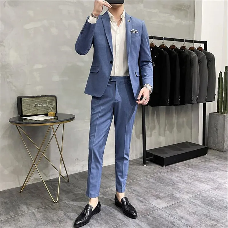 Men\'s Suit Jacket with Pant Formal Slim Fit Business Work Wedding Stage Tuxedo Fashion Best Men Social Dress Suit 2 Pieces Sets