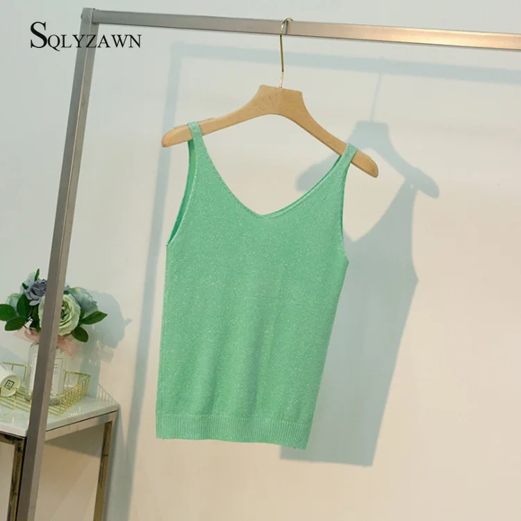 Women 2020 Sexy V Neck Knitted Tank Top Glitter Vest Summer Camisole Women Bright Silk Tank Top Casual Femme Camis Tee 18 Colors