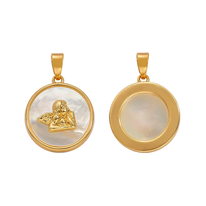 Fashion 18K Gold Plated Brass Copper Cupid Angel Charm Pendant With Natural Shell For Necklace DIY Jewelry Making