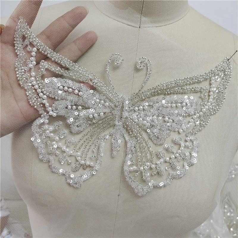 New Children\'s Clothing Veil Wedding Dress Applique Decoration Butterfly Nail Beads Sequins Patch Pearl Handmade Jewelry Lace