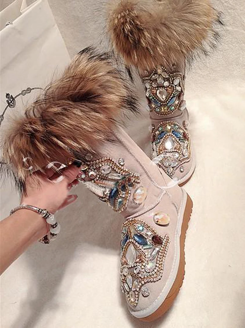 2021 Women Winter Warm Snow Boots Rhinestone Decoration Female Real Fur Ankle Boots Confortable Flat Shoes Slip On Rond Toe