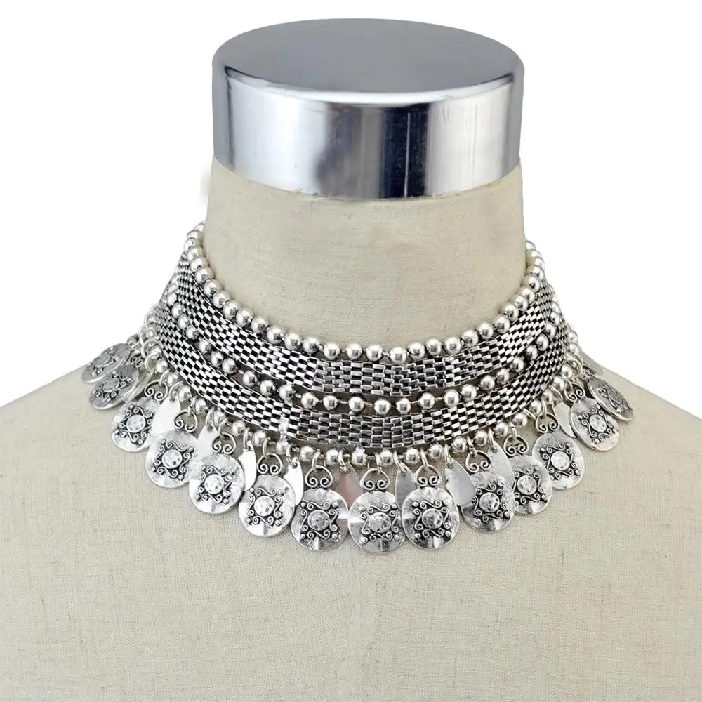 Afghan Vintage Tribal Silver Color Statement Collar Choker Bib Necklace Earring Jewelry Sets Indian Short Chain Coin Necklaces