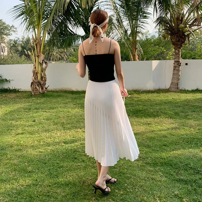 Women's Elegant Solid Color Midi Skirt Korean Female High Waist Fan-shaped Pleated Twill Skirts Faldas 2021 Summer Autumn Sk772