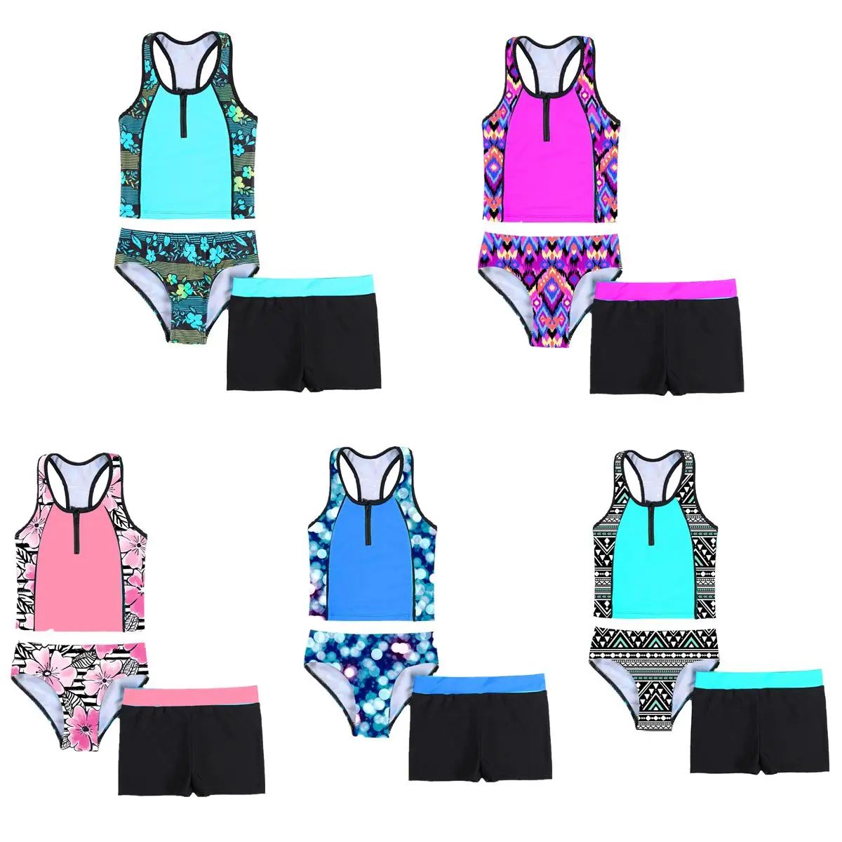 4-16 Years Kids Girls Tankini Set 3 Piece Floral Print Sleeveless Racerback Tank Vest Shirt Short and Bikini Triangle Swimwear