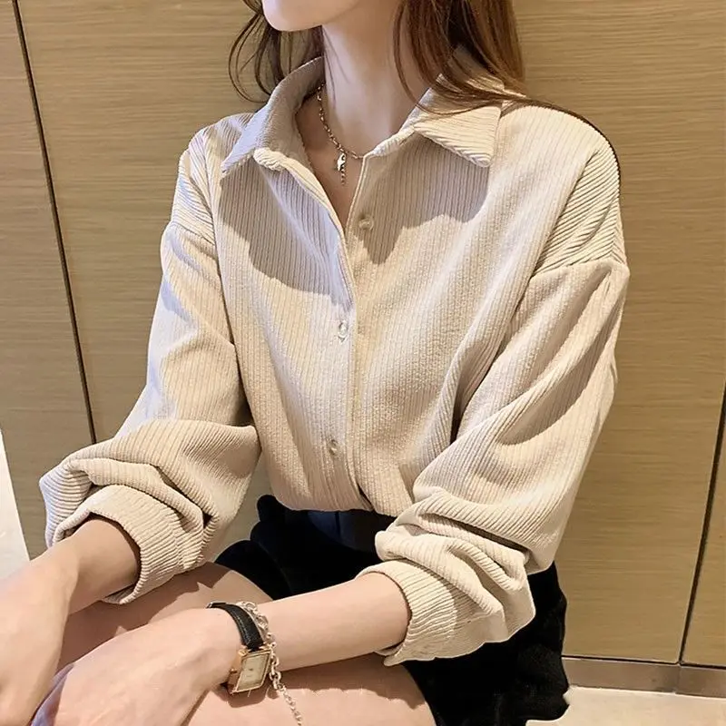 Shirts Women Corduroy Single-breasted Button Solid College Sweet 4 Colors Fashion Spring Autumn Straight All-match Soft