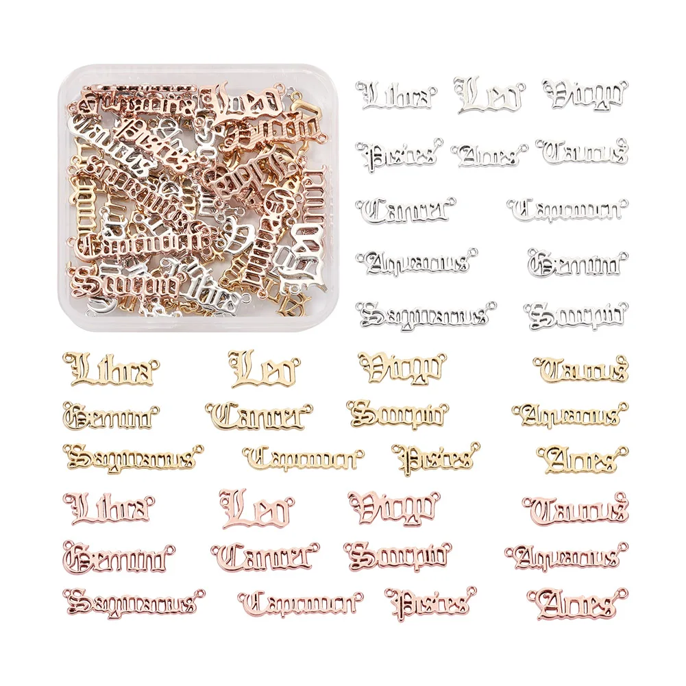 12 Constellations Zodiac Sign Word Pendants Gold/Silver/Pink Old English Charms Connector For Women Necklace DIY Jewelry Making