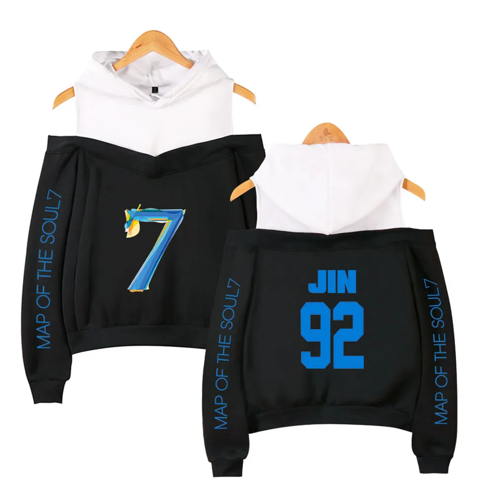 New JIMIN JIN RM V J-hope Jung Kook Sweatshirts Women Fashion Off-shoulder Hoodies Print Map of soul 7 Casual Pullovers Clothes