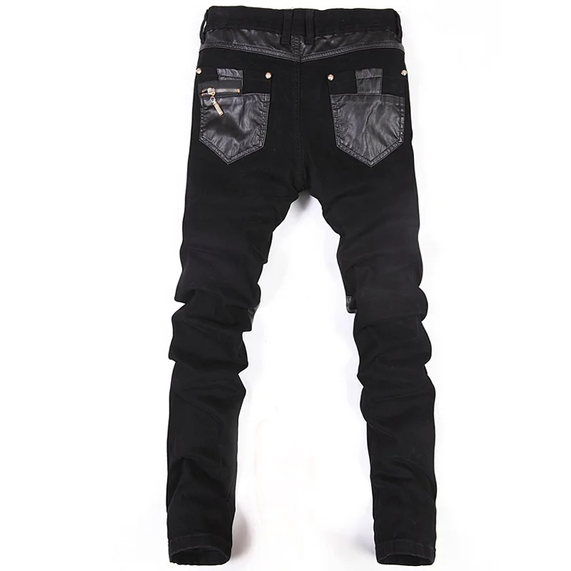 Zipper Splicing leather pants Long Pencil Pants  Jeans Slim Spring Hole Men's Fashion Thin Skinny Jeans Men Hiphop Trousers