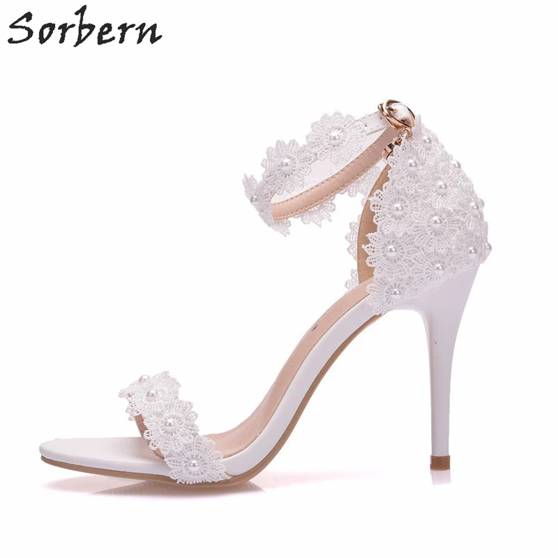 Sorbern White Lace Sandals High Heel Stilettos Wedding Shoes Summer Heels Ladies Appliques Bridal Shoe Sandles For Women