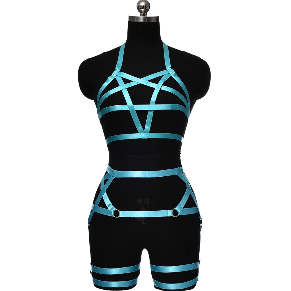 BONDAGE STRAPPY Garter Set Harness Sexy Body Cage Elastic BodySuit Goth Lingerie Stockings Garter Belt Pentagram Crop Top Bra