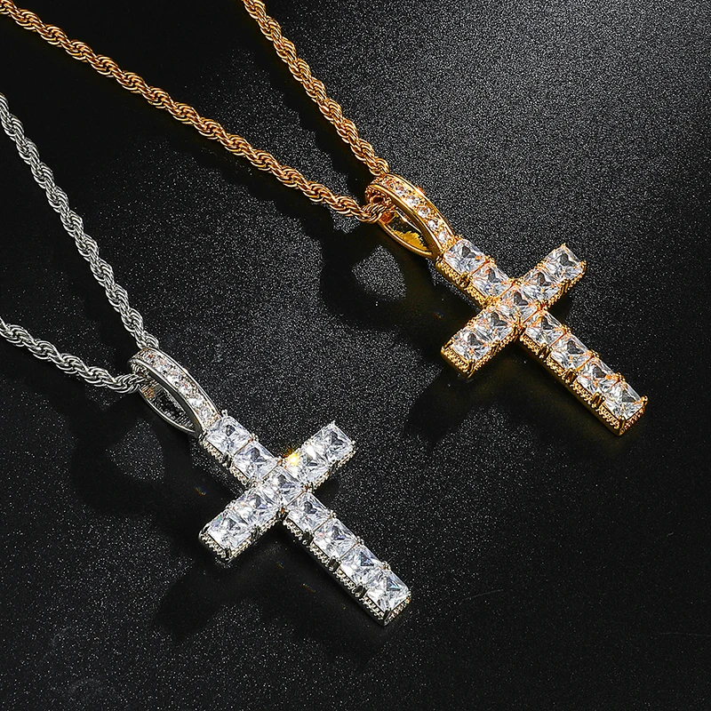 Hip Hop Baguette Cross Iced Out Bling Cubic Zircon AAA CZ Necklace & Pendant For Men Jewelry With 4mm Tennis Chain