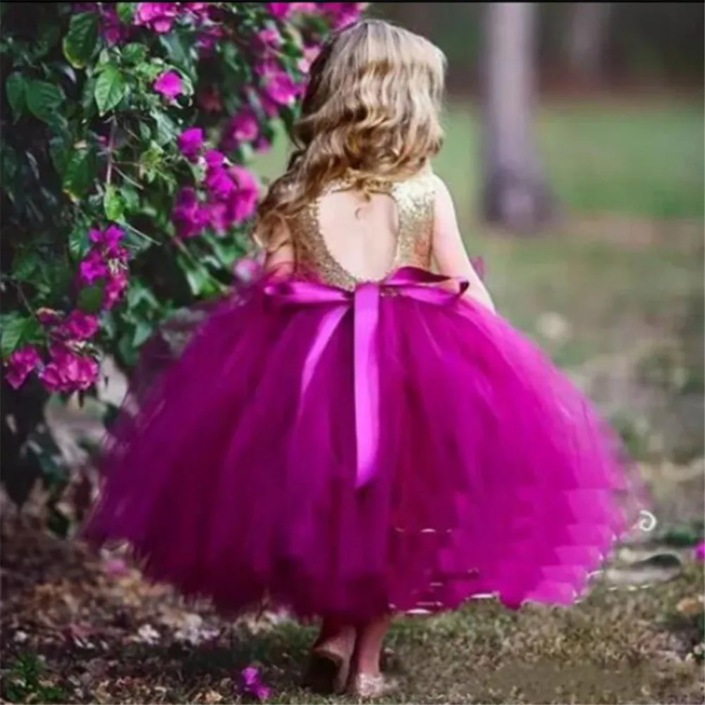 New Sequin Flower Girl Dresses Fluffy Tulle Girls Princess Wedding Party Dresses  Appliques First Holy Communion Party Dresses