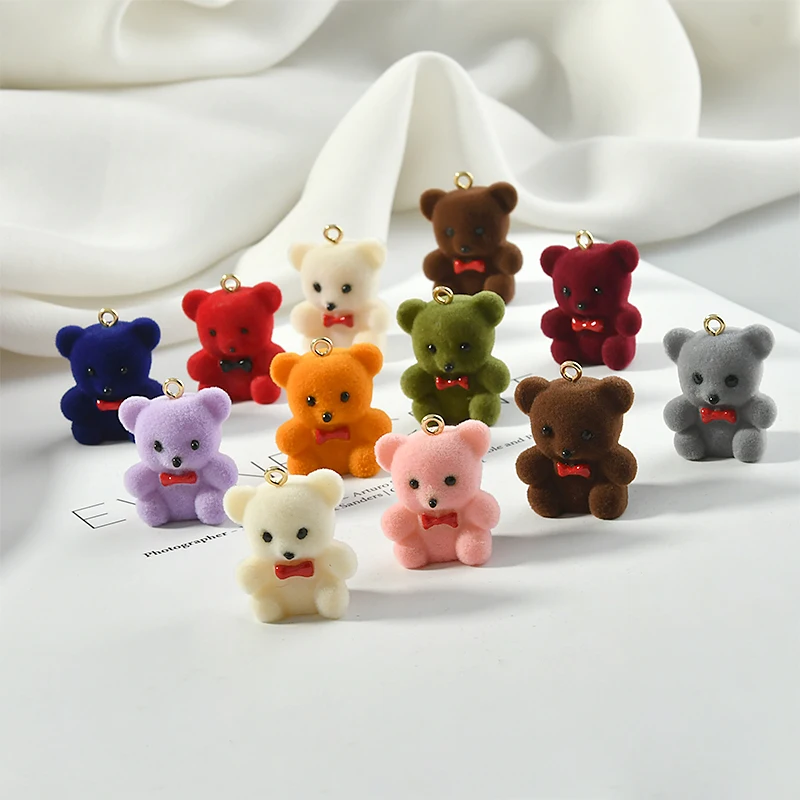 Cute cartoon animal bear shape 20pcs/lot Flocking decoration resin charms diy jewelry earring/garment accessory