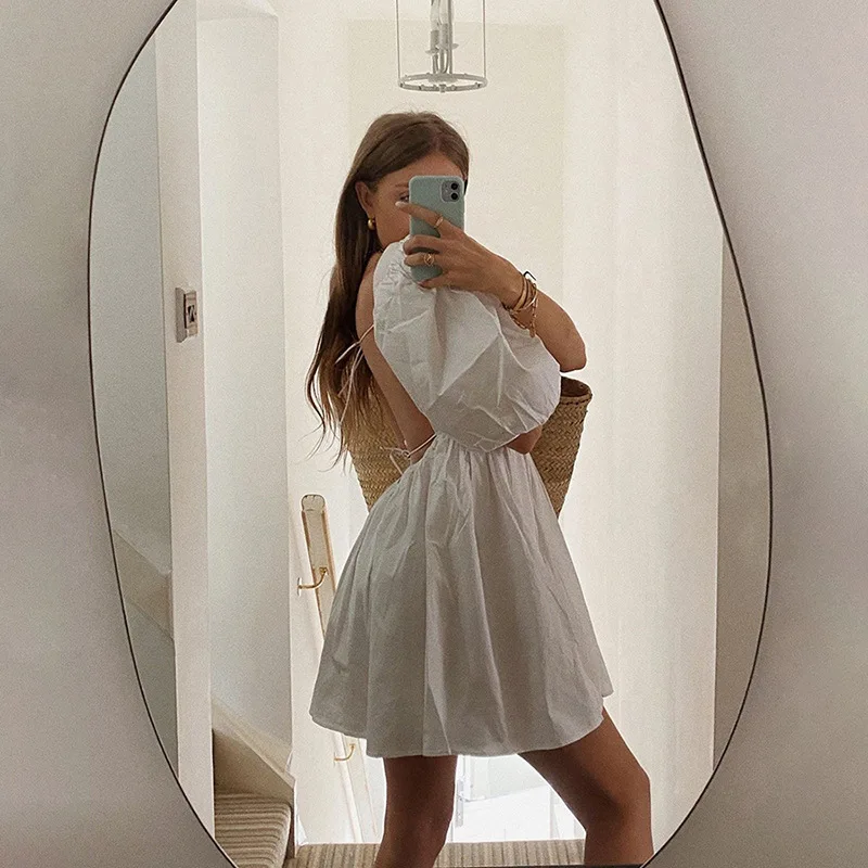 Sexy Backless Lace Up Mini Dresses Boho White Puff Sleeve Sweet Dress Chic Women Elegant Lady for Wedding Party Summer Clothes