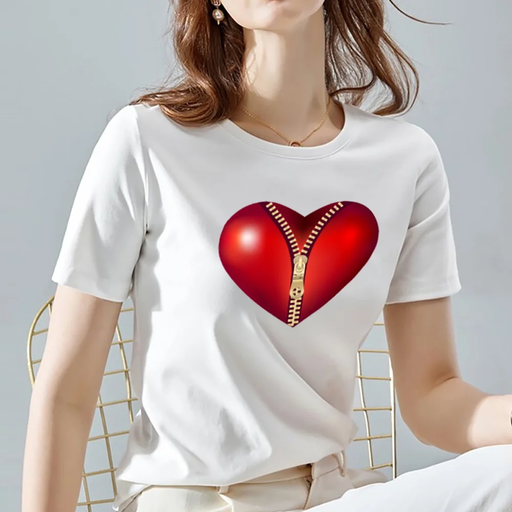 

Women T-shirts Summer O-collar White Tshirts Love Heart Print Pattern Series Tops Tee Female Basis Short Sleeve Women Clothes