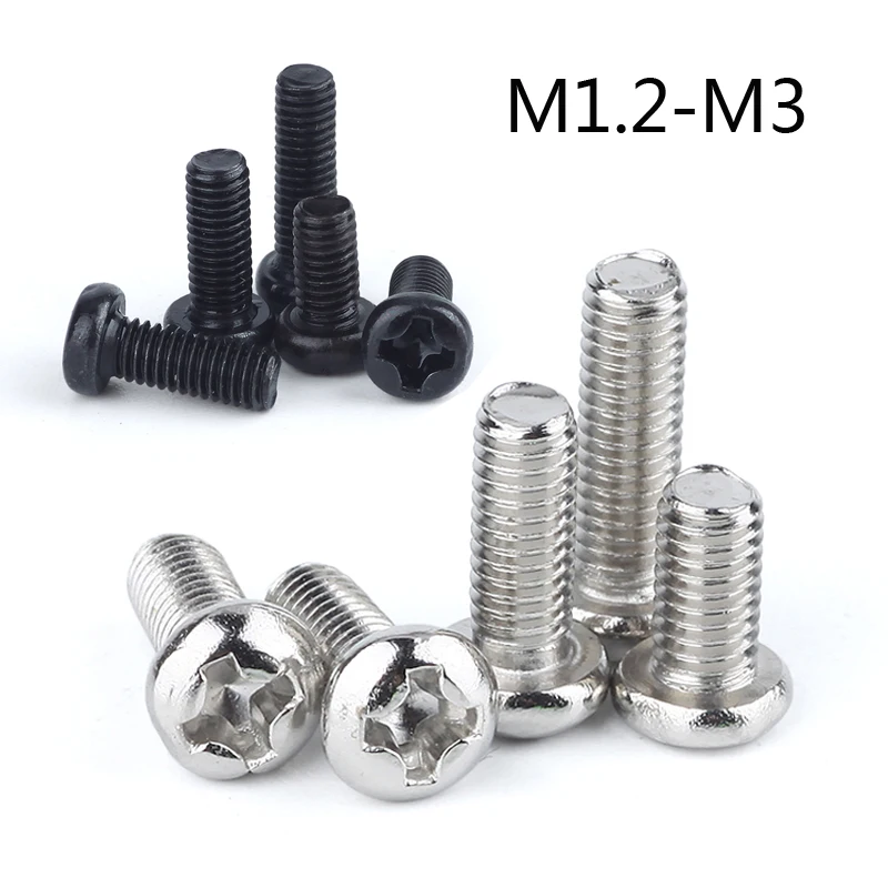 50pcs M1 M1.2 M1.4 M1.6 M2 M2.5 M3 M4 Mini Micro Small Light Black  304 Stainless steel Cross Phillips Pan Head Screw Round Bolt