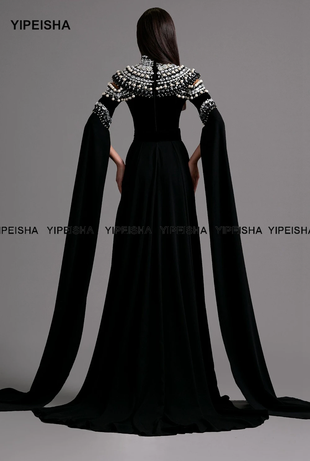 Yipeisha High Neck Black Prom Dress Side Slit Long Sleeves Formal Evening Dresses for Special Occasion Luxury Beaded Customized