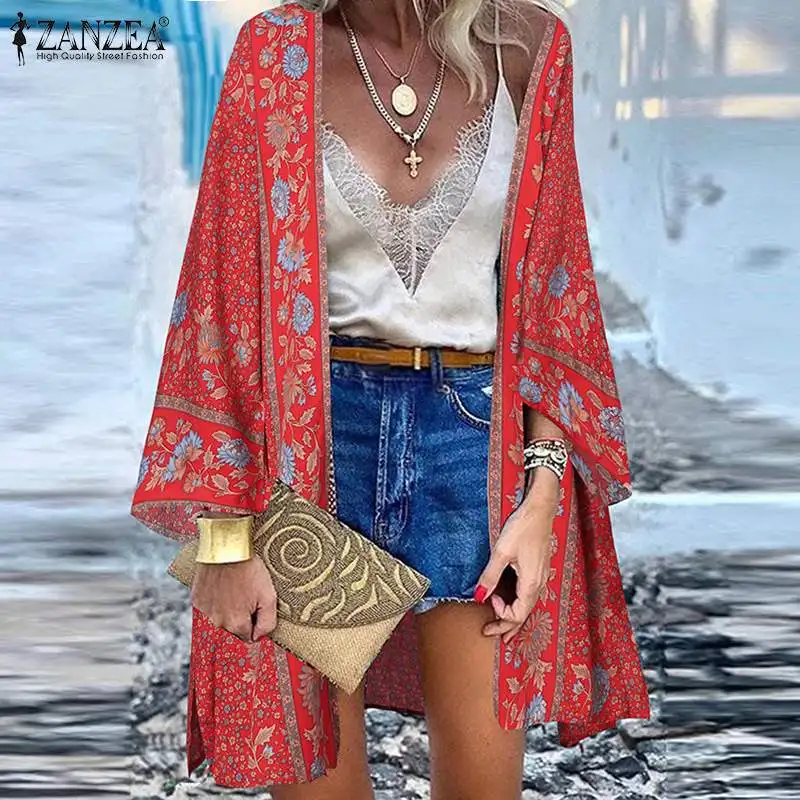 Summer Bohemian Beach Printed Cardigan Women Floral Long Sleeve Blouse ZANZEA Kimono Vintage Open Front Holiday Shirt Tunic Tops