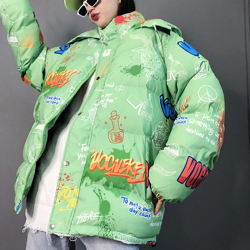 Down Cotton Jackets Hooded Female Thick Warm 2022 Graffiti Print Streetwear Winter Jacket Women Loose Coat