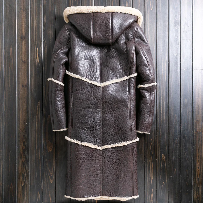 Leather Genuine Jackets Mens Casual Over Knee Slim Button Hooded Thick Real Fur Coat Winter Natural Sheepskin Warm Outerwear