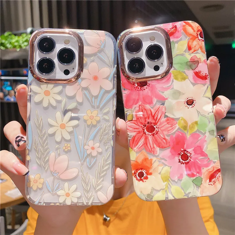 Fashion Transparent Plating Frame Flowers Leopard Case For iPhone 14 13 12 11 Pro Max Plus Glitter Soft Clear Shockproof Cover