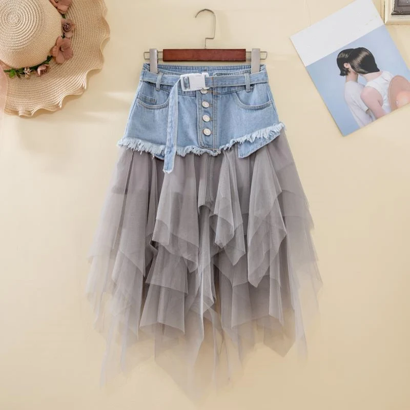 

#1609 Black Grey Mini Tutu Skirts Women High Waist Irregular Denim Skirt Spliced Mesh Sexy Club Party Short Jeans Skirts Women