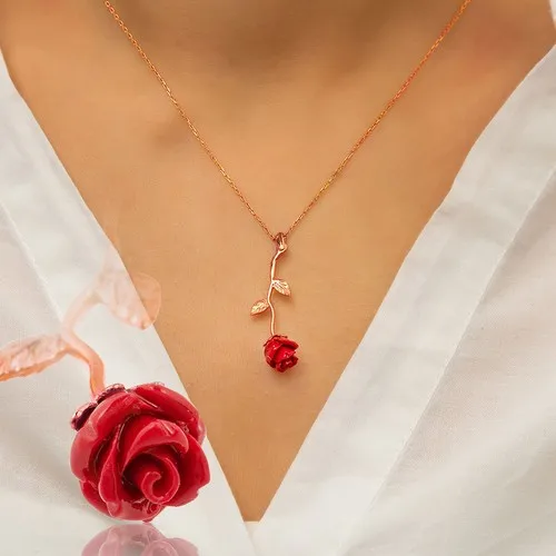 Silver Silver Red Rose Necklace