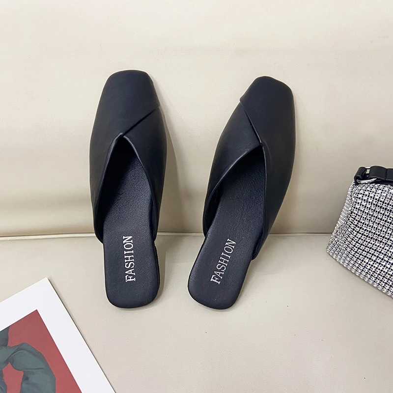 Women Mules 2022 Summer Elegant Square Closed Toe Flat Slippers Female Shoes Casual Leather Black White Slides Plus Size 35-43