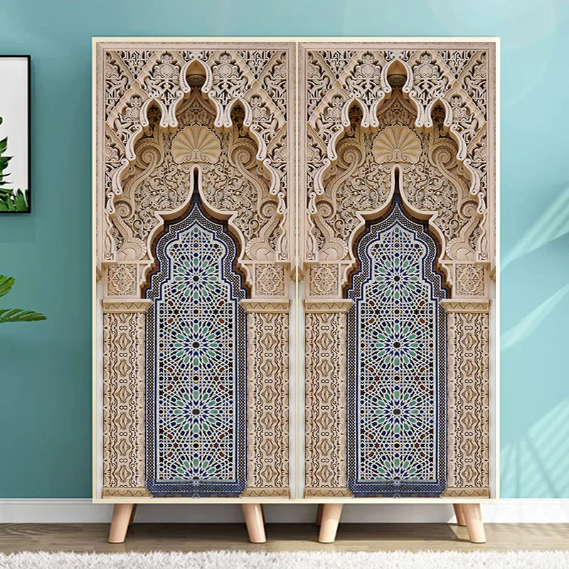 2pcs/set Muslim Islam Style Retro Door Art Mural Sticker Corridor Wardrobe Decorative Painting Peel & Stick Waterproof Wallpaper