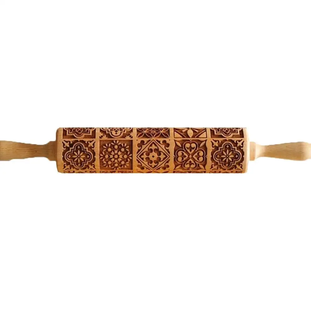Exquisite Pattern Rolling Pin Wooden Embossing Baking Tools Reindeer Dough Engraved Square Grid Cookies Mold