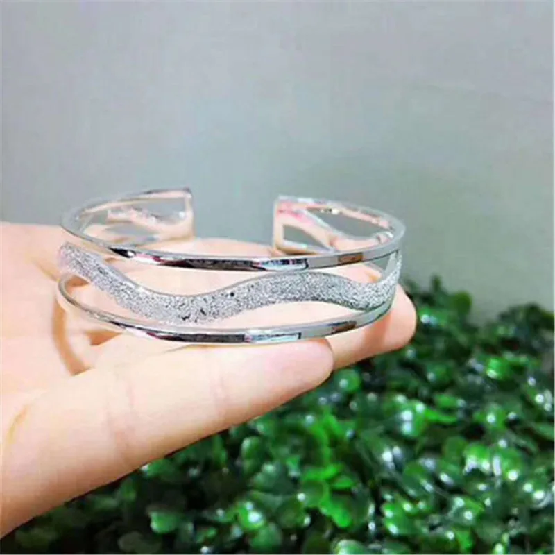 S999 Sterling Silver Charm Bracelet, Hollow Out Waltz, Water Wave Pattern, Leisure Opening Bracelet,Jewelry Bracelets Wholesale