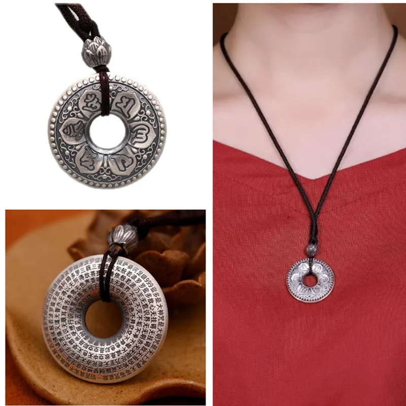 Vintage Buddhism Sutra Round Pendant Necklace For Women Men Jewelry Adjustable Black Rope Chain Necklaces Male Female Choker