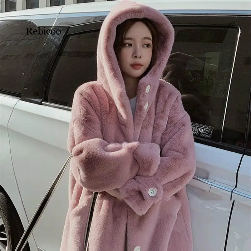 Faux Fur Coat Women 2020 Casual Korean Hoodies Furry Thick Bat Sleeved Warm Long Faux Rabbit Fur Jacket Loose Winter Coat Women