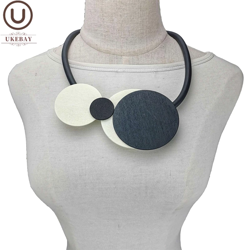 UKEBAY New Big Statement Necklaces Women Wood Choker Necklace Black White Wooden Jewelry  Clothes Chain Party Accessories Gift