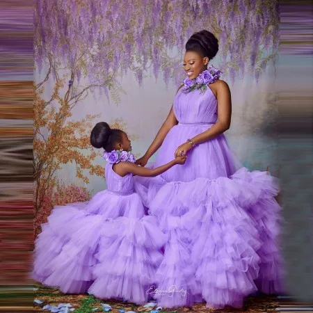 Elegant Lavander Mom And Me Tulle Dresses For Photo   Shoot Sleeveless Halter Ruffles Pleated Ball Gown   Mmother And Daughter G