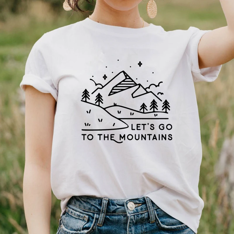 Let's Go To The Mountains T-shirt Aesthetic Summer Short Sleeve Graphic Hiking Top Tee Cute Women Adventure Outdoor Tshirt