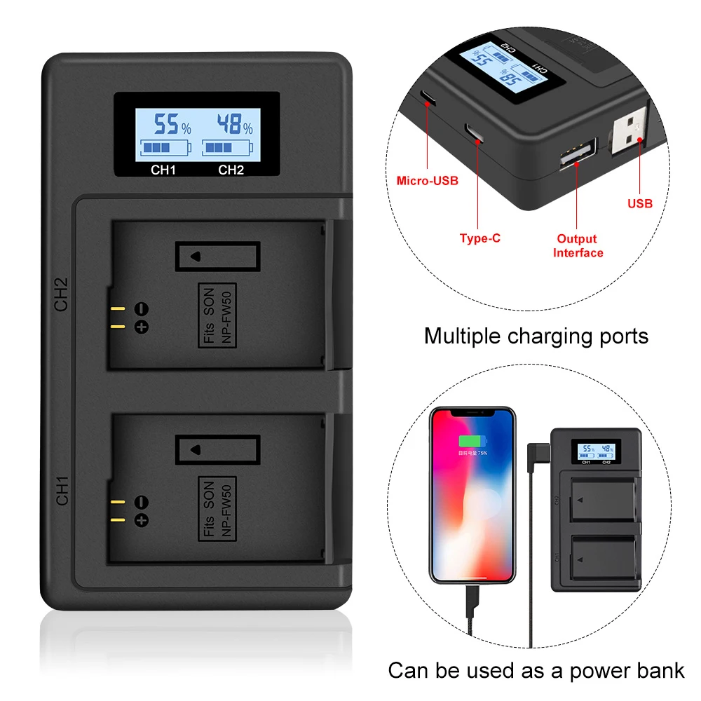 PALO NP-FW50 NPFW50 NP FW50 FW50 LCD USB Dual Charger for Sony A6000 A6400 A6300 A6500 A7 A7II A7RII A7SII A7S A7S2 A7R