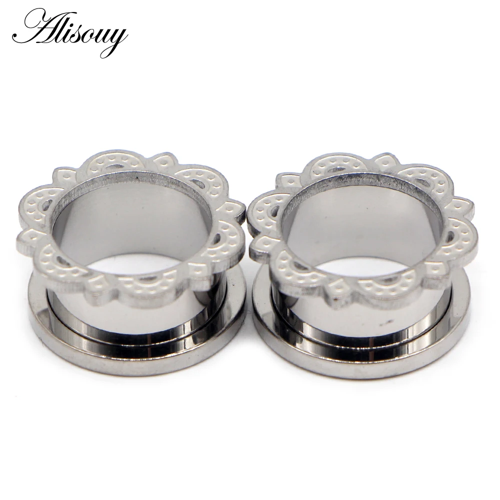Alisouy 2pcs Stainless Steel Ear Gauges Plugs Flower Lace Ear Flesh Tunnel Expanders Stretchers Earring Piercing Body Jewelry