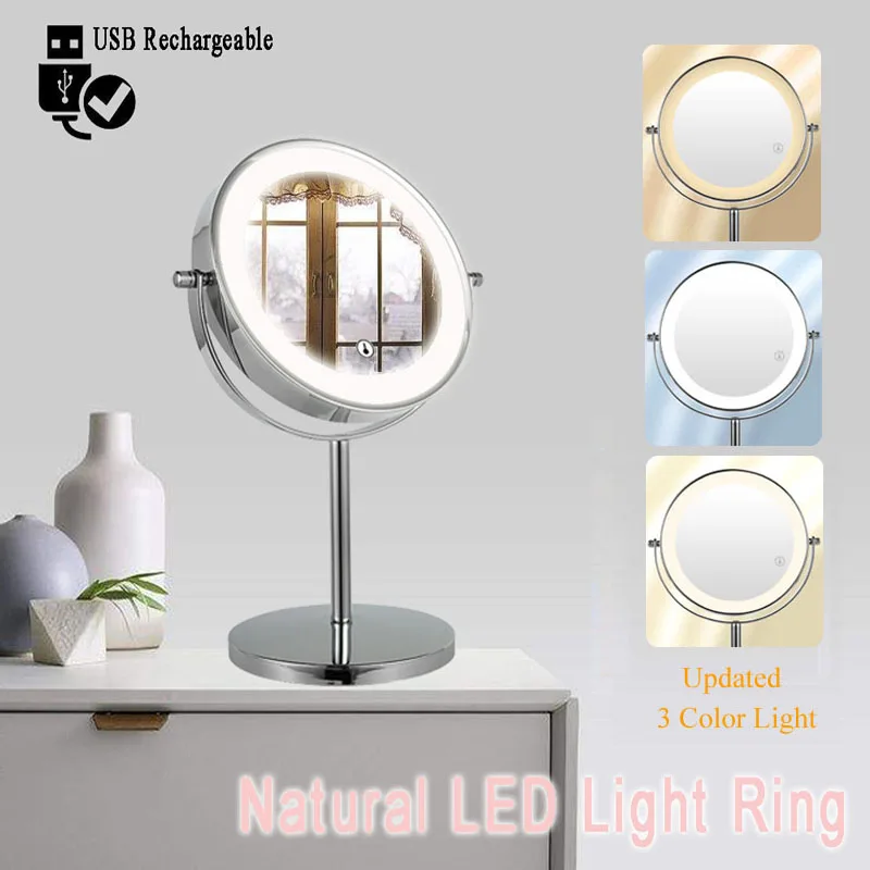 

2-Sided Vanity Makeup LED Mirror, 3X/5X Tabletop Cosmetic Mirror, USB Rechargeable, 3Color Touch Brightness Adjustable