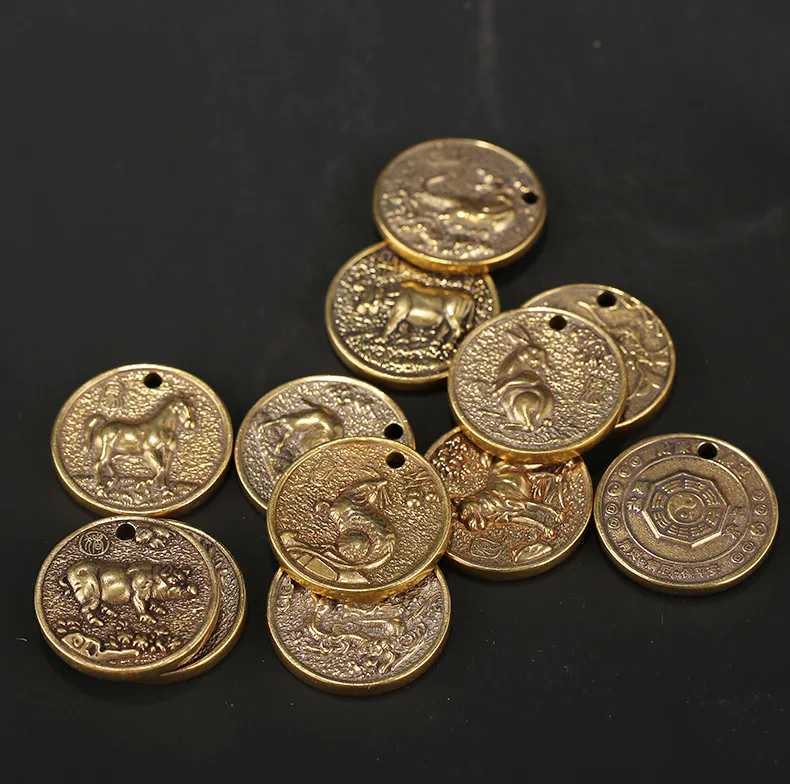 Pure Brass Zodiac animals retro gold coins DIY Key chain ring Pendant ornament Miniature Fitting Keychain Pendant a0337
