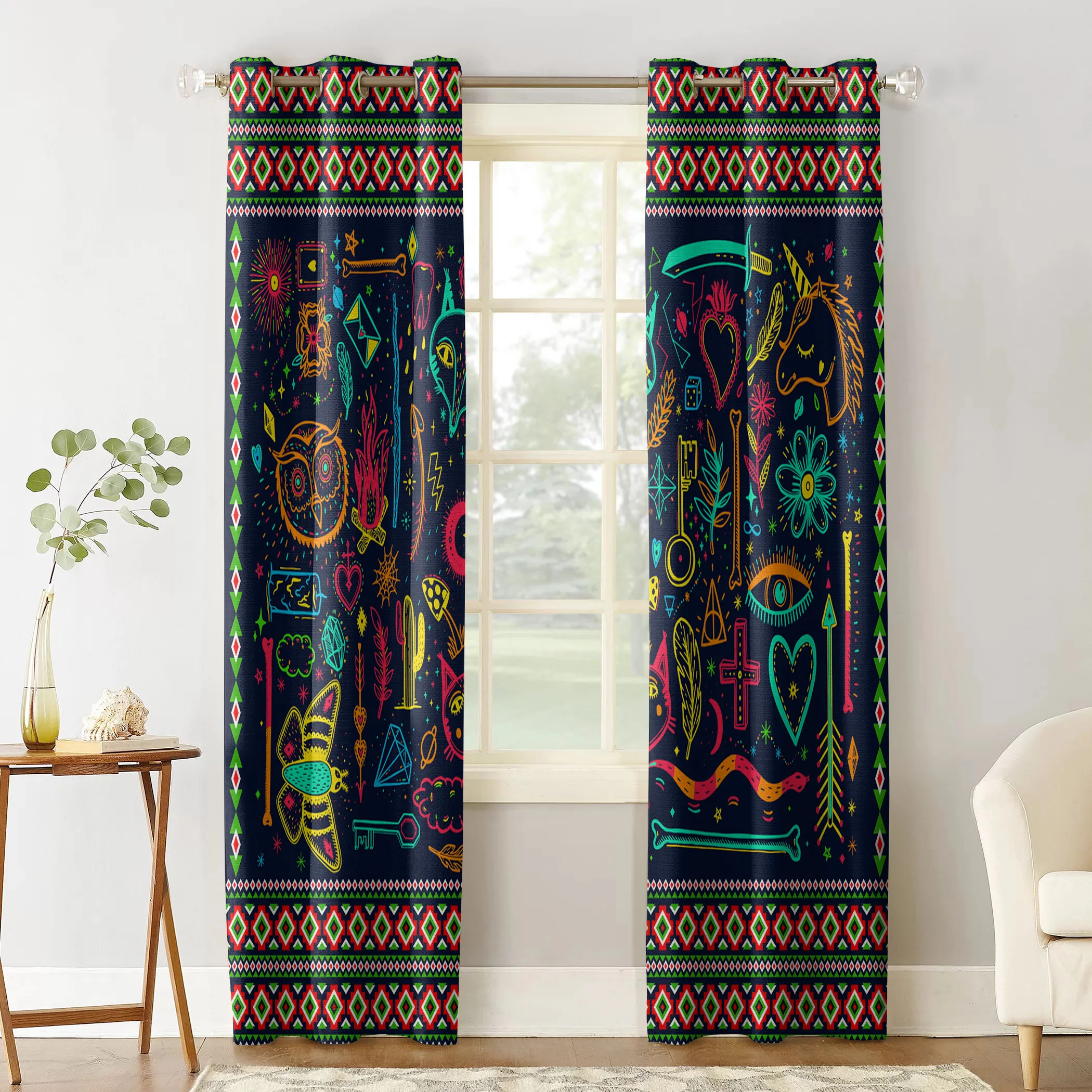 Geometric Ethnic Graffiti Tribe Window Curtains Living Room Kitchen Curtains for Bedroom Left and Right Biparting Open Curtains