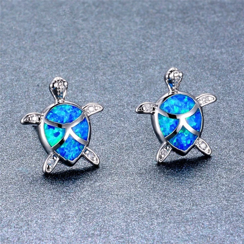 Cute Turtle Blue Imitation Fire Opal Stud Earrings For Women Accessories Bohemian Statement Earrings Everyday Jewelry Gifts