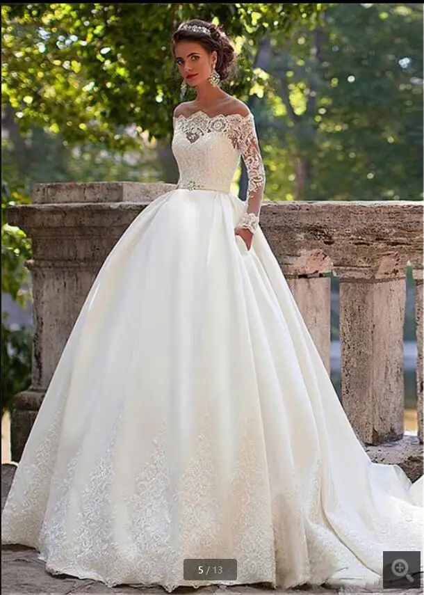 White Satin Ball Gown Wedding Dress Lace Appliques Off The Shoulder Long Sleeve Beaded Bride Dresses Princess Puffy Back Button