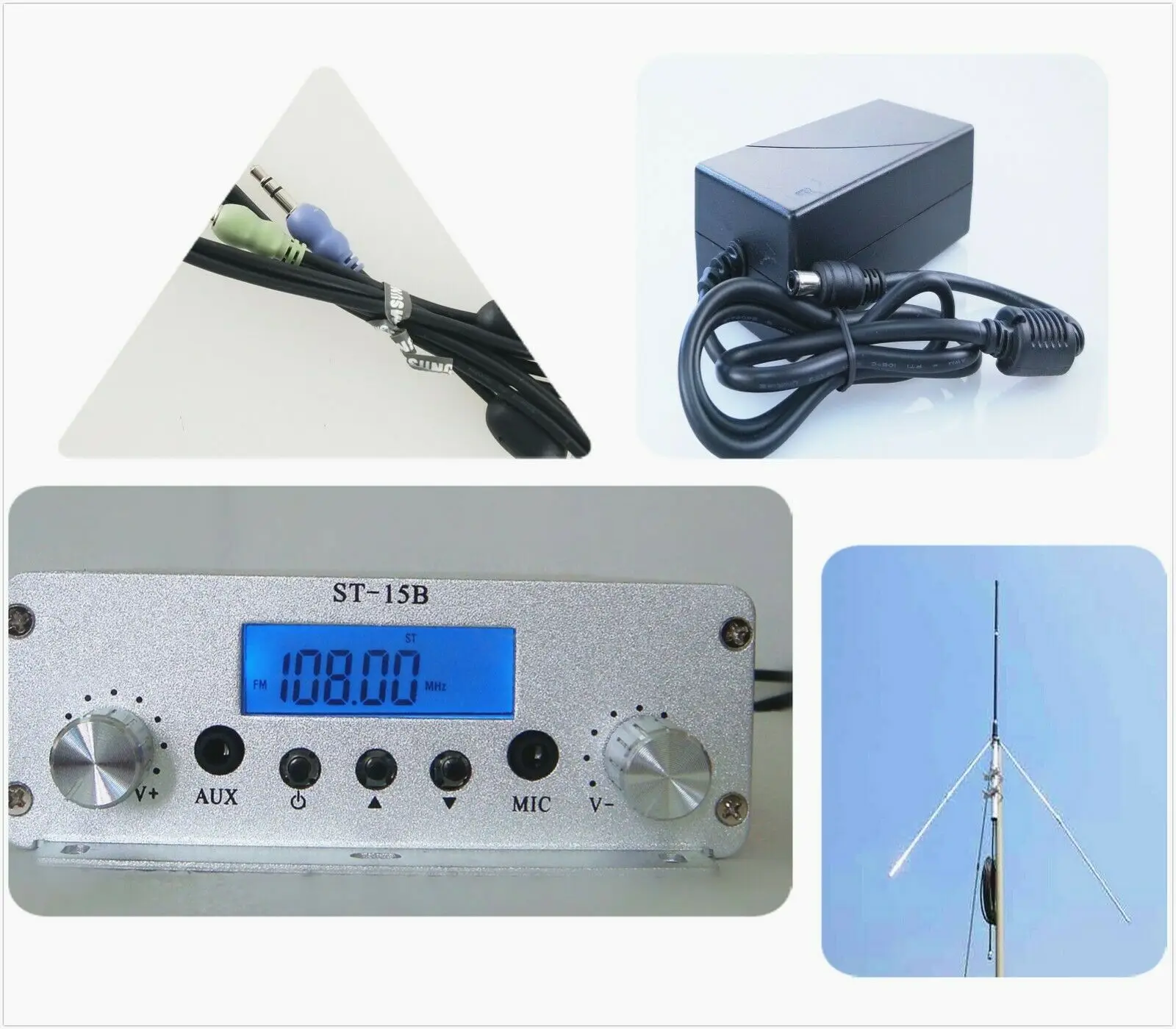 ST-15B 15W 12V 5A 76MHz-108MHz FM broadcast transmitter stereo PLL fm radio broadcast station + Antenna + power