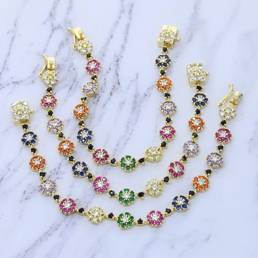 2025 New Arrival Geometric Rainbow Cz Colorful Flower Charm Link Chain Bracelet For Girls Classic Fashion Bling Women Jewelry