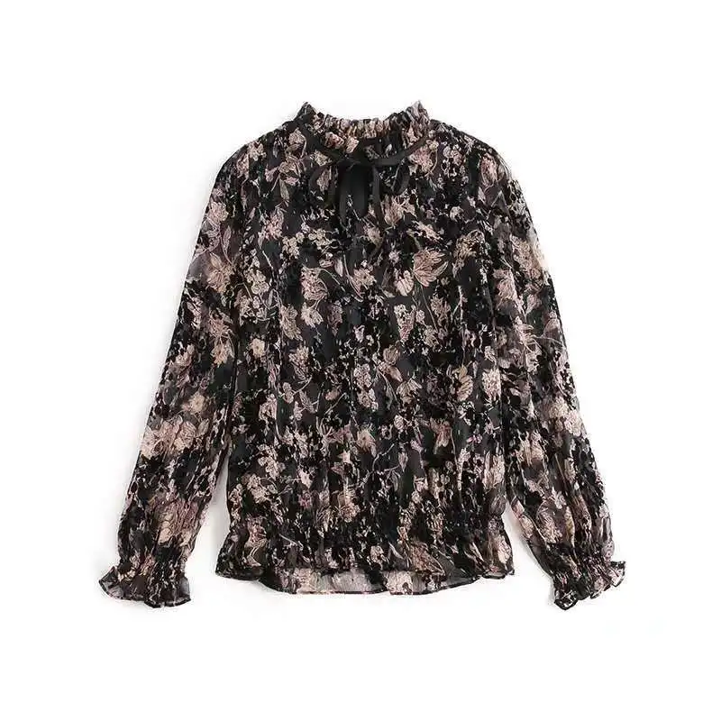 Plus Size 6XL Women Long Sleeves Auyum Chiffon Shirts Femme Elegant Black Chiffon Embroidery Floral Top Slim T Shirt NS4886