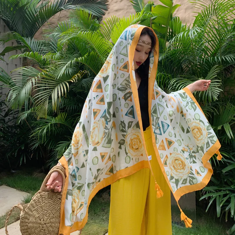 Women Luxury Ethnic Shawl Scarf Beach Desert Sunscreen Silk Scarves Red Big Bandelet Female Travel Photo Dual-use Sunshade Coat
