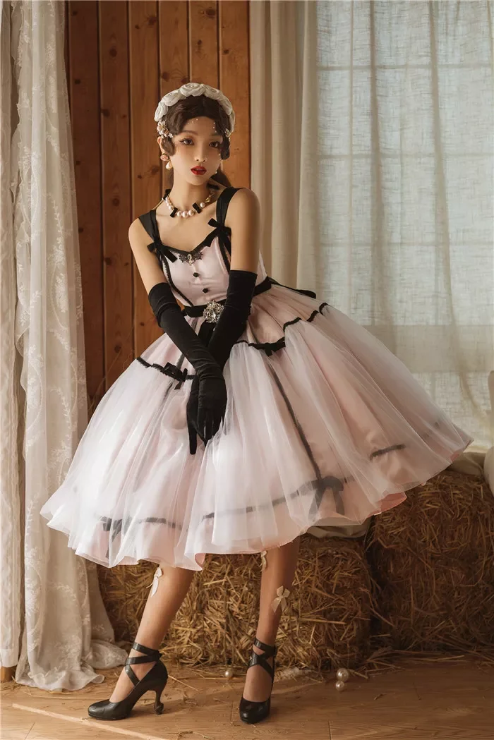 Pink Girl Classic Princess Lolita Midi Long Ball Gown Dress Layered Satin Tulle Party Dress With Bow Puffy Pink  Birthday Dress