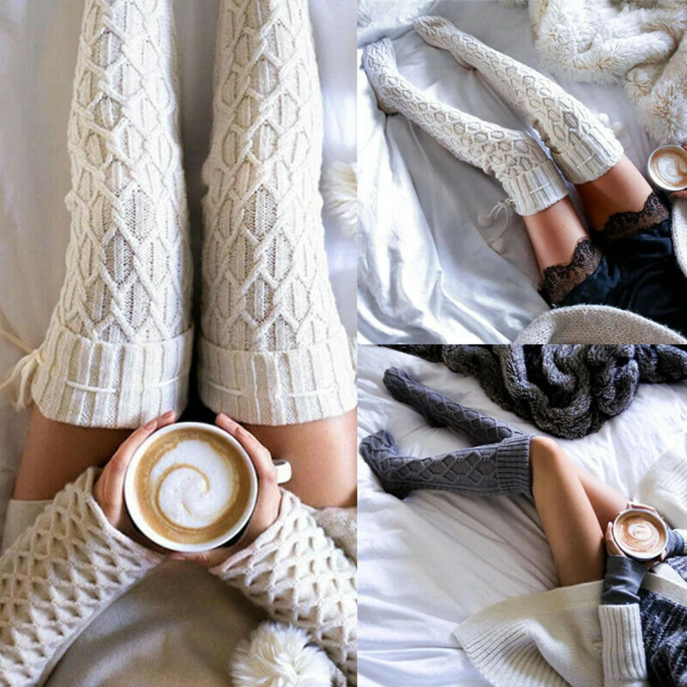 Women Winter Knitted Cotton Stocking Warm Thigh High Over the Knee Socks Fashion Twist Cable Crochet