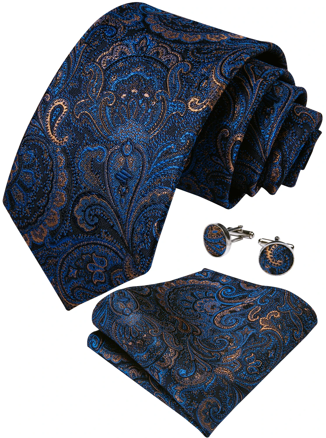 Luxury Blue Gold Paisley Silk Ties For Men Wedding Accessories Neck Tie Set Handkerchief Cufflinks Brooch Pin Gift For Men